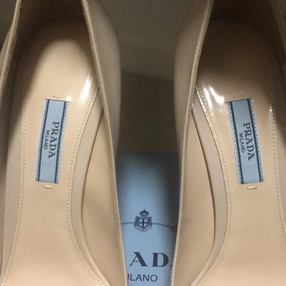 PRADA Nude Patent Leather Platform Peep Toe Pumps size 39